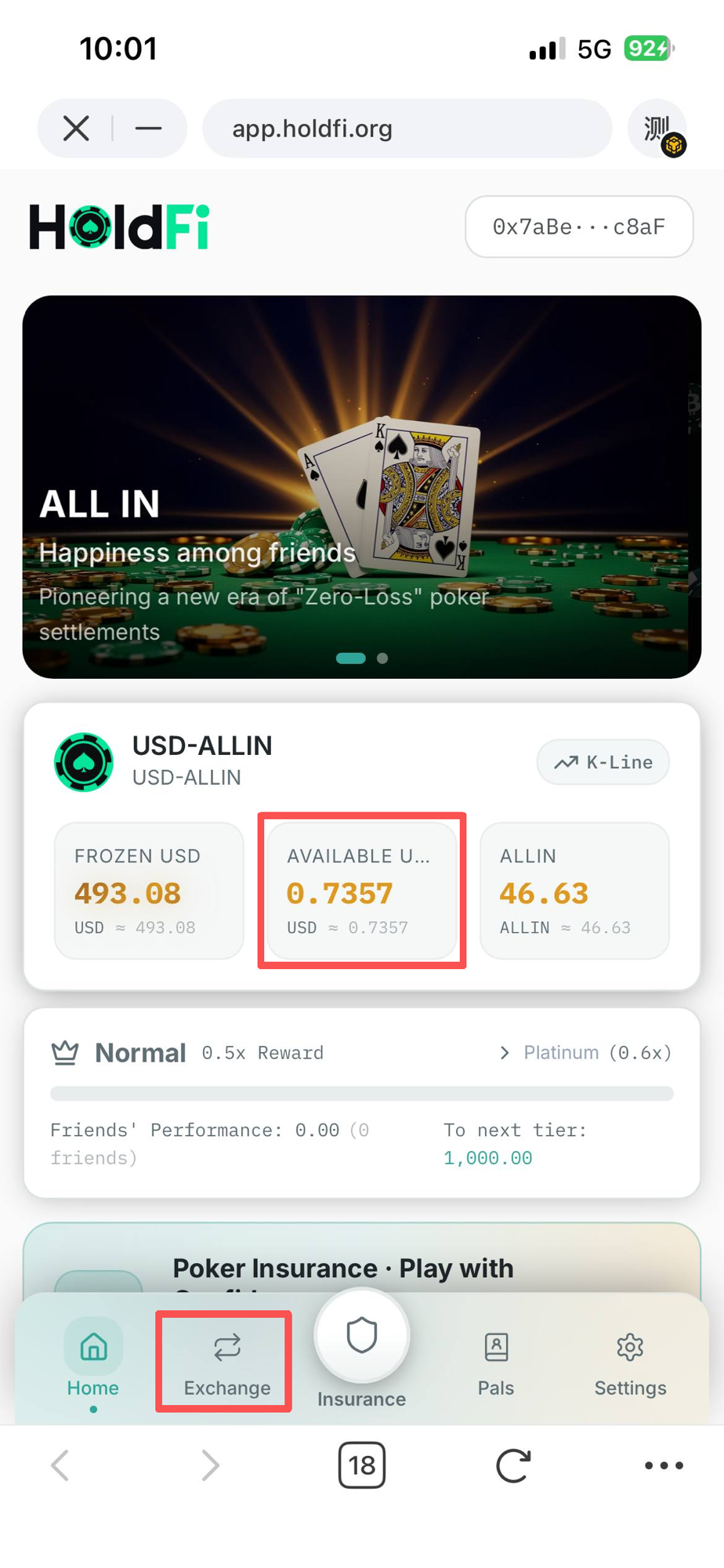 首页 USD-ALLIN 资产卡 · AVAILABLE USD 与 Exchange 入口