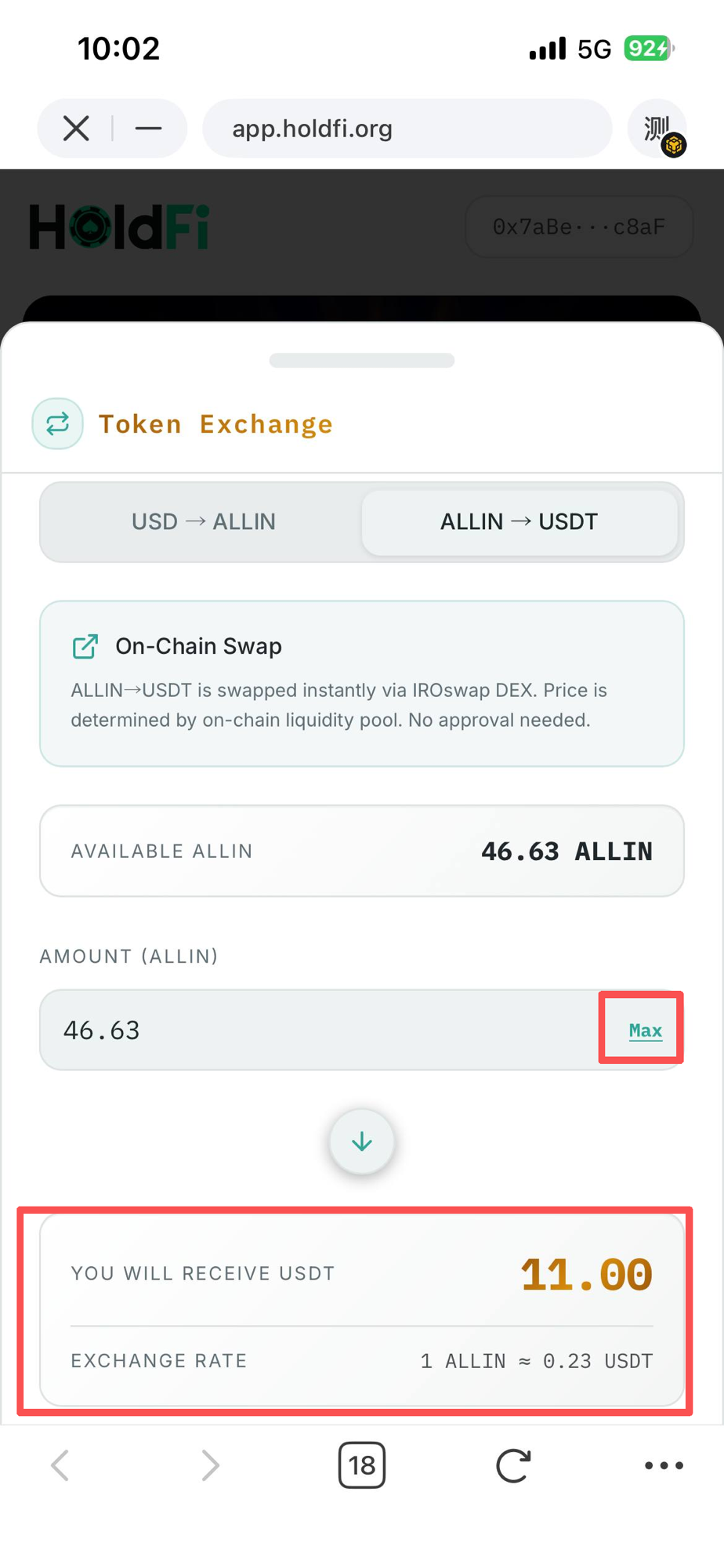 Token Exchange · ALLIN → USDT IROswap 链上兑换